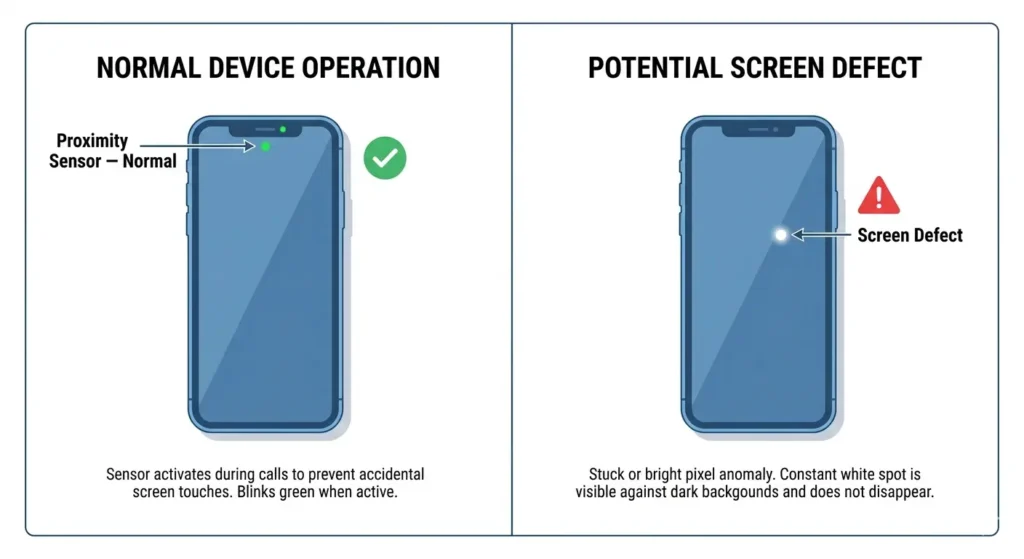 Diagram comparing a normal proximity sensor blinking dot on phone screen versus an actual bright spot screen defect