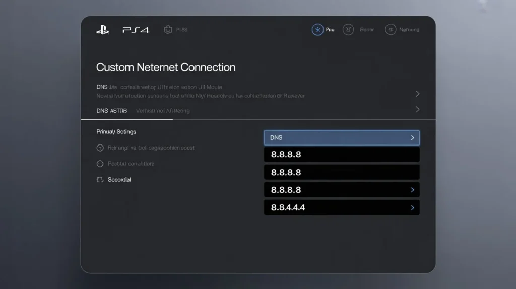 PS4 custom DNS settings screen showing manual DNS configuration with primary DNS 8.8.8.8 for hotel WiFi