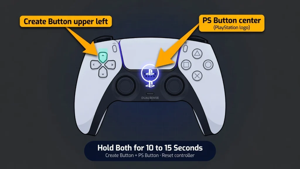 Labeled diagram of PS5 DualSense controller showing PS button in center and Create button upper left for iPad Bluetooth pairing
