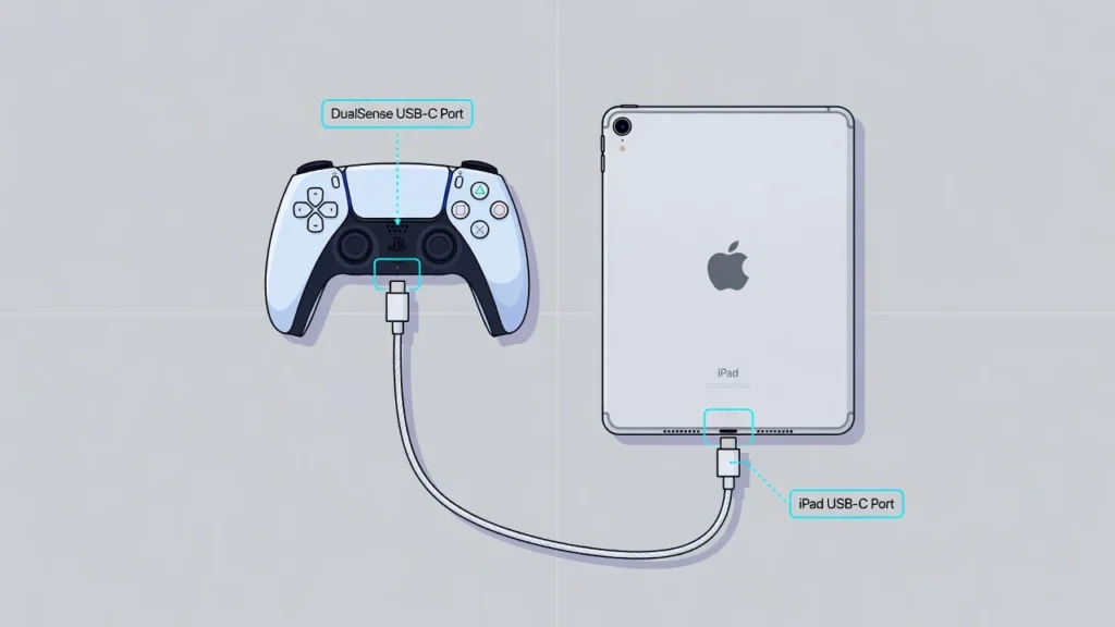 Illustration showing USB-C cable connecting PS5 DualSense controller top port to iPad USB-C port for wired connection