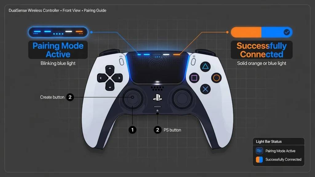 Diagram of PS5 DualSense controller showing light bar blinking blue during pairing mode and solid color when connected to iPad