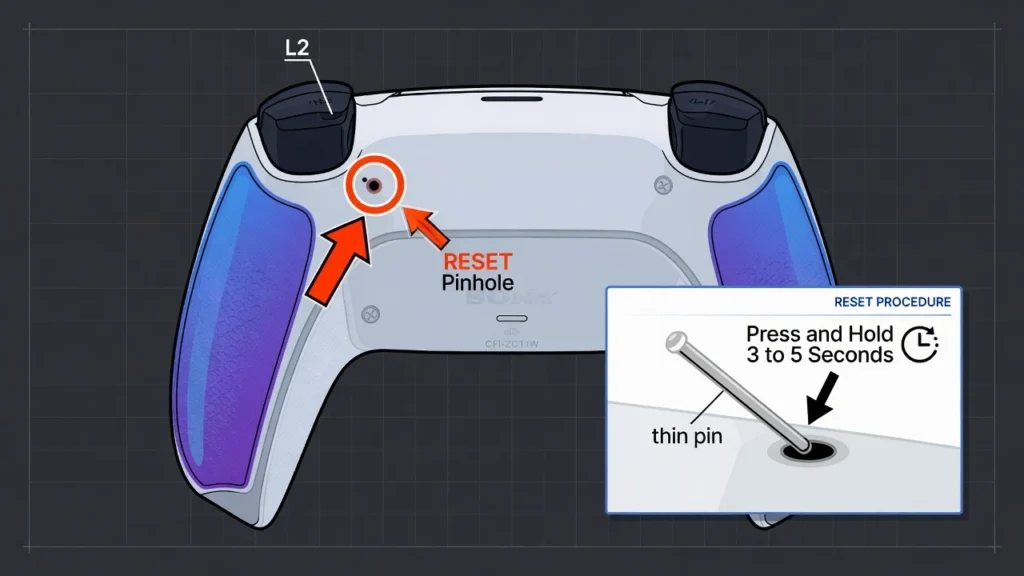 Diagram showing the back of PS5 DualSense controller with reset pinhole location highlighted below the L2 button