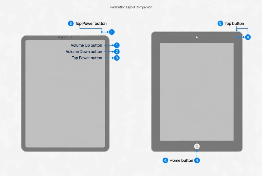 Diagram showing restart button combinations for iPad Pro without Home button and older iPad with Home button