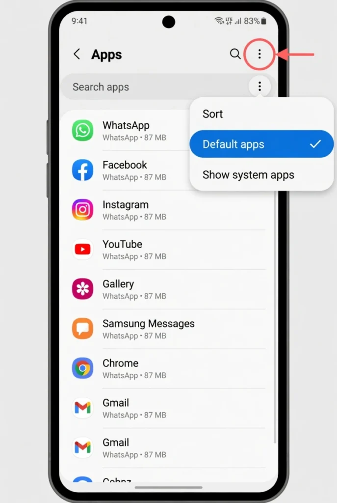 Samsung One UI settings screen showing the three-dot menu in the top right corner with Default apps option highlighted in dropdown