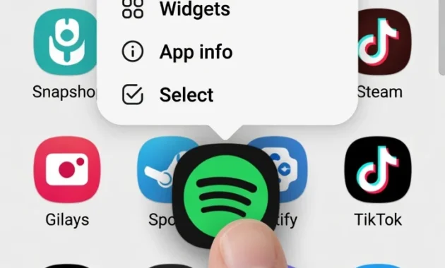 Samsung Galaxy screenshot showing long press on Spotify app icon with pop-up menu displaying Add to Home option
