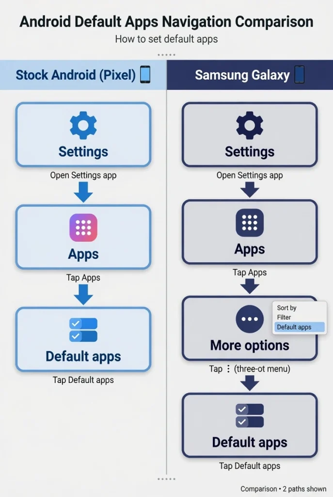 Side-by-side comparison infographic showing how to reach Default Apps settings on Stock Android versus Samsung Galaxy One UI, with step-by-step navigation paths
