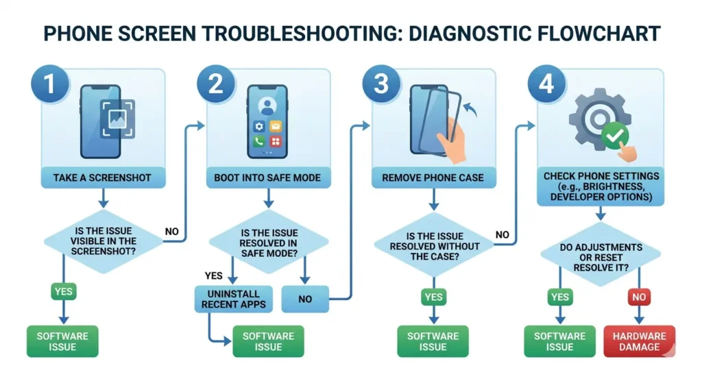 Four step diagnostic flowchart showing how to test if a bright spot on phone screen is caused by software or hardware damage