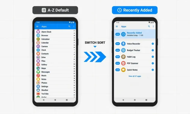Before and after comparison showing Android Play Store app list sorted alphabetically versus sorted by recently added to find deleted apps faster
