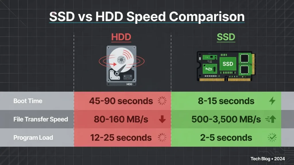 Infographic comparing SSD and HDD speeds showing SSD boot time of 18 seconds versus HDD boot time of 120 seconds and faster file transfer rates