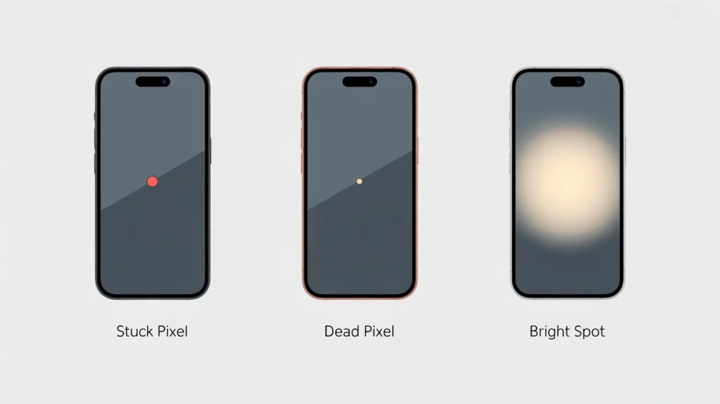 Comparison of stuck pixel showing colored dot, dead pixel showing black dot, and bright spot showing white glowing patch on phone