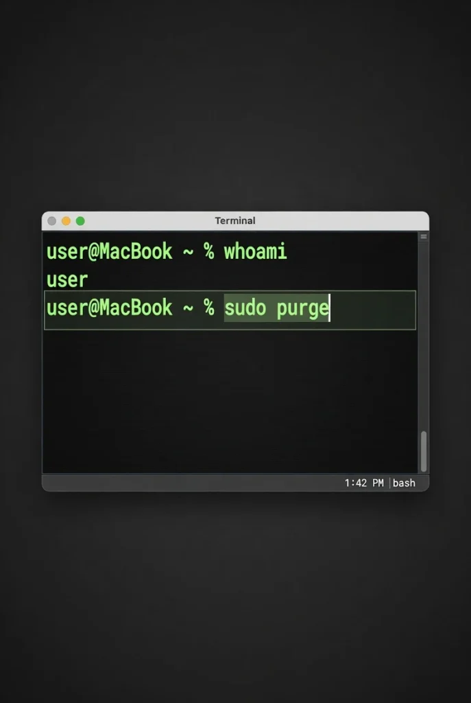 macOS Terminal window showing the sudo purge 
command typed to clear inactive RAM memory 
on a Mac