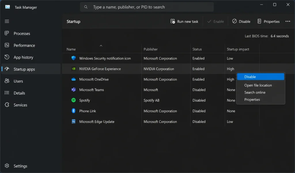 Windows 11 Task Manager Startup tab showing startup programs with High impact rating and the right-click Disable option highlighted