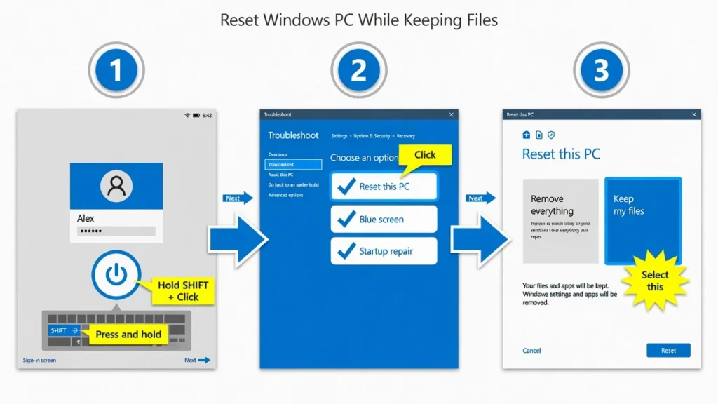 Three-step illustration showing how to unlock 
HP laptop using Shift and Restart method through 
Windows troubleshoot and Reset This PC options