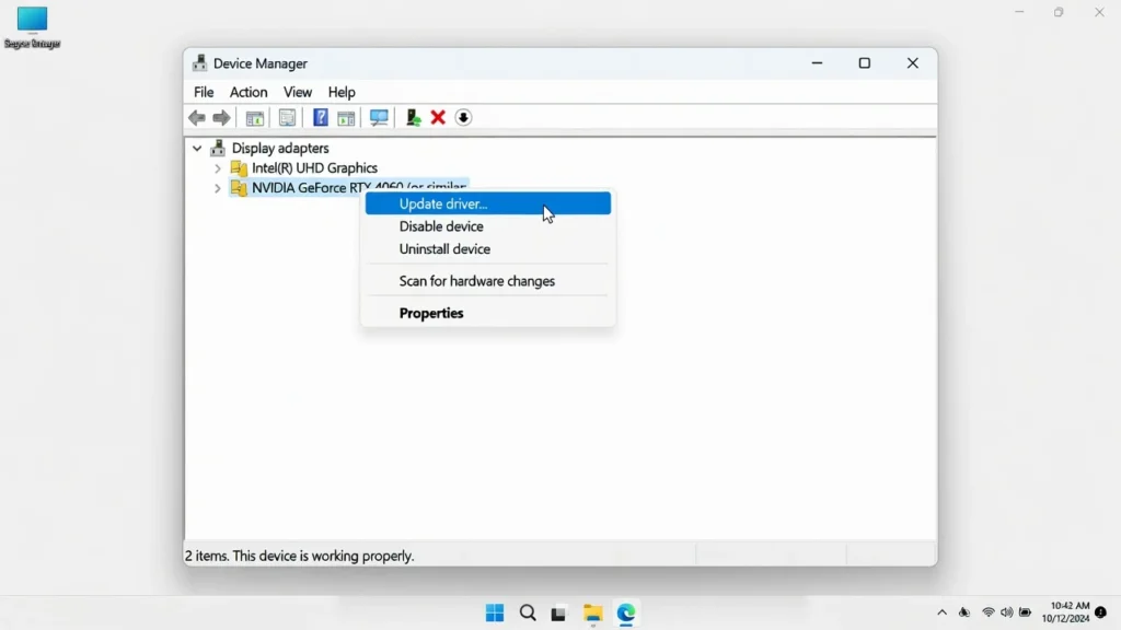 Windows 11 Device Manager showing Display adapters section expanded with Update driver option highlighted in right-click menu
