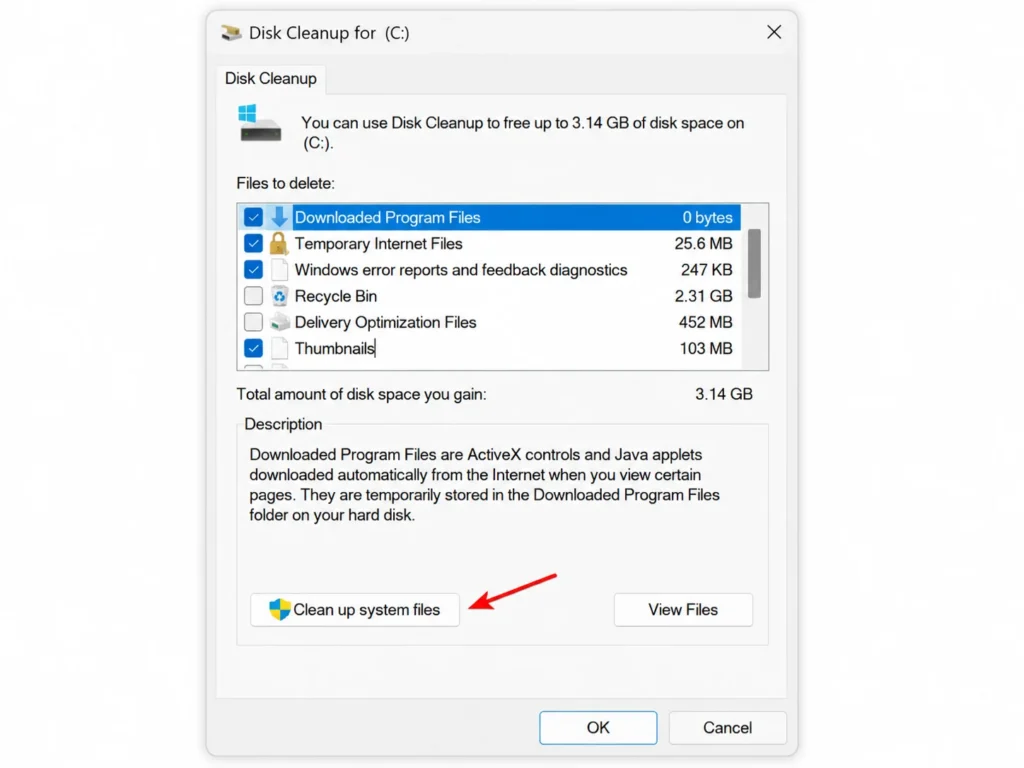 Windows Disk Cleanup dialog showing the Clean up system files button highlighted, the step most guides skip that unlocks deeper storage recovery