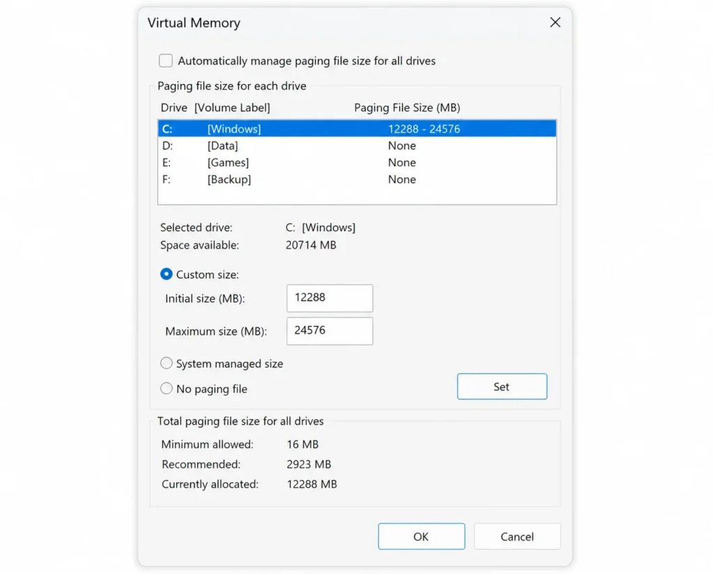 Windows Virtual Memory dialog showing custom paging file size set to 12288MB initial and 24576MB maximum for an 8GB RAM system
