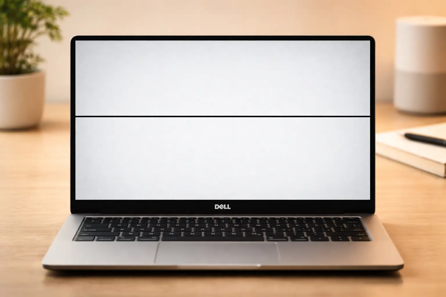 Close-up of Dell laptop screen showing a black line display problem on a clean desk