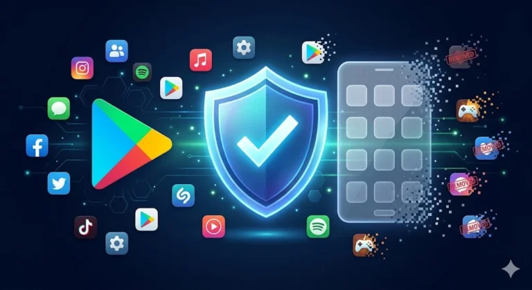 Featured image showing Google Play Store icon, mobile phone with app removal notification, and settings icon with article title text