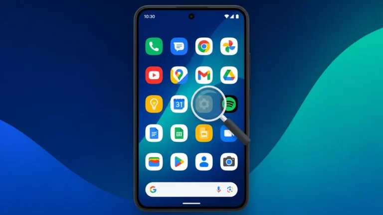 Illustration of an Android phone showing a magnifying glass searching for hidden apps on the home screen