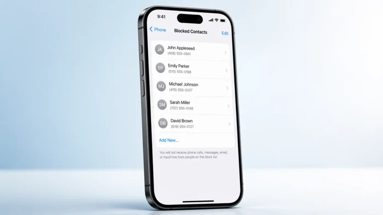 iPhone displaying Blocked Contacts settings screen in iOS 18 showing list of blocked phone numbers