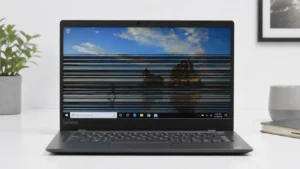 Lenovo laptop screen displaying horizontal flickering lines across the display panel on a desk