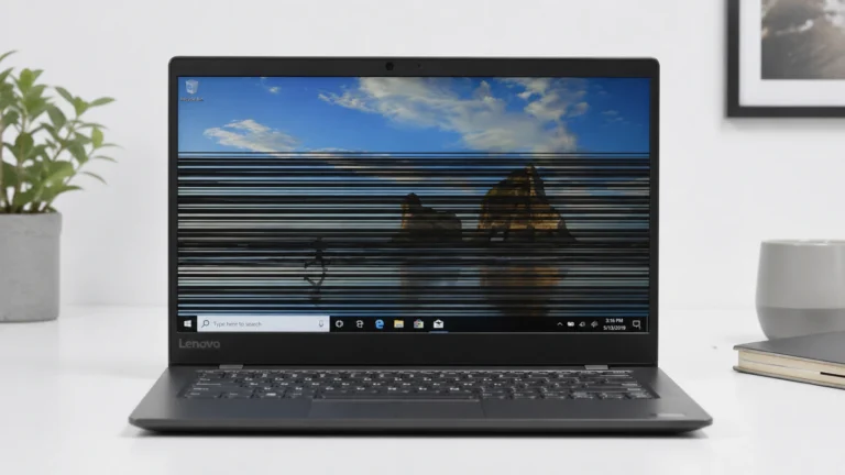 Lenovo laptop screen displaying horizontal flickering lines across the display panel on a desk
