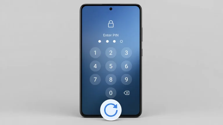 Android smartphone showing a PIN lock screen with reset arrow icon, illustrating how to reset a locked Android phone