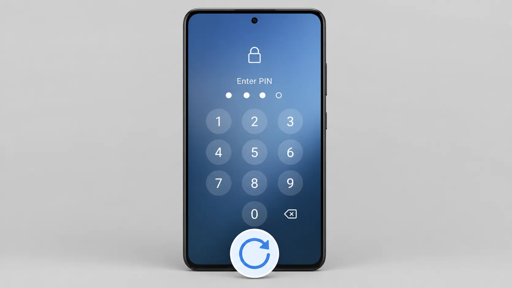 Android smartphone showing a PIN lock screen with reset arrow icon, illustrating how to reset a locked Android phone
