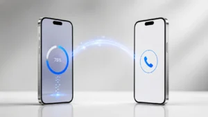 Two iPhones facing each other with wireless transfer signal showing phone number moving from old iPhone to new iPhone