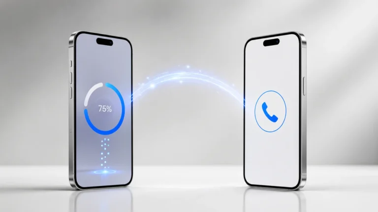 Two iPhones facing each other with wireless transfer signal showing phone number moving from old iPhone to new iPhone