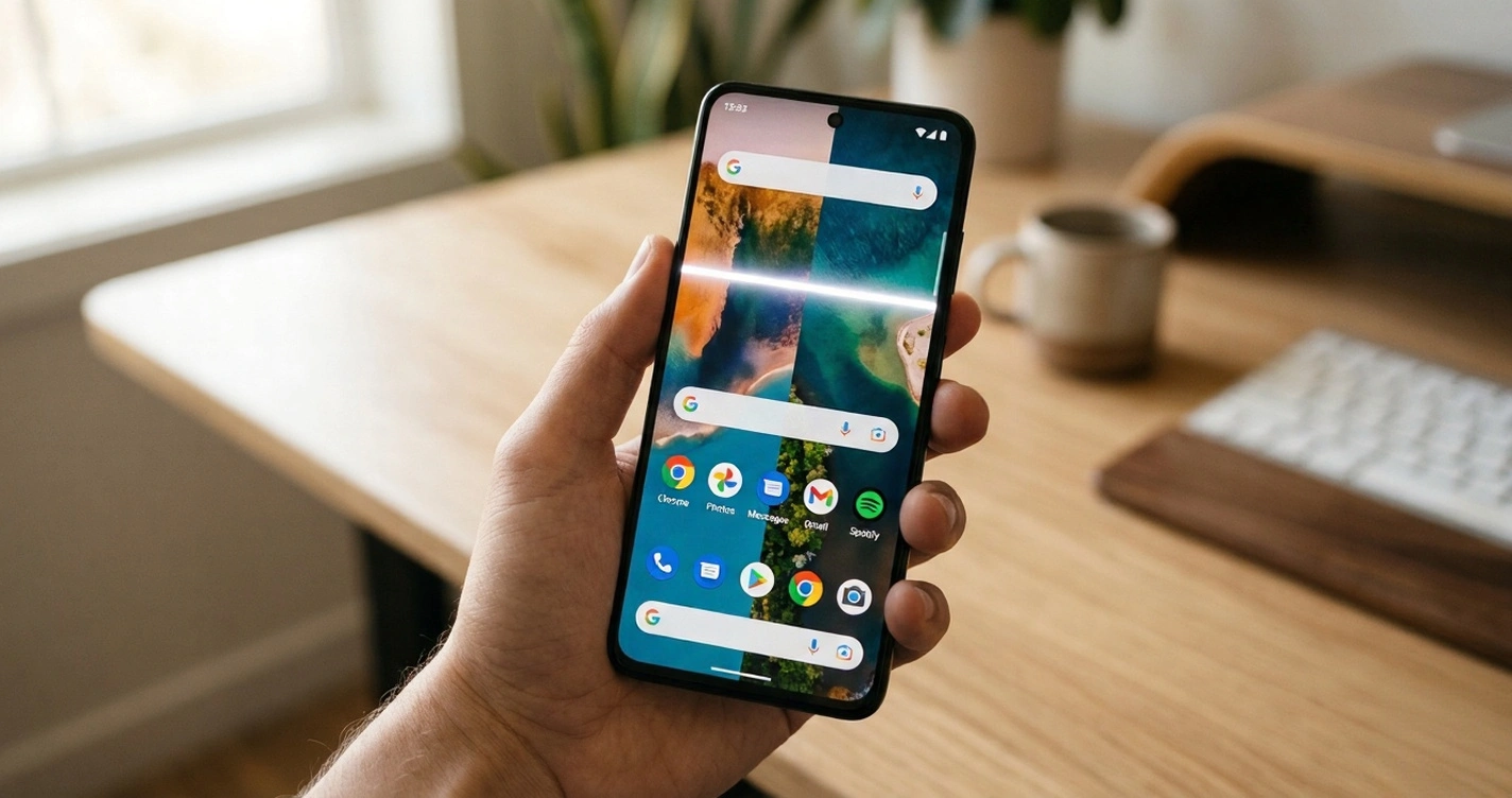 white horizontal lines on phone screen held in hand showing display problem