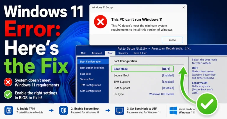 Featured image showing Windows 11 system requirements error message with solution checkmark symbol, representing how to fix compatibility errors