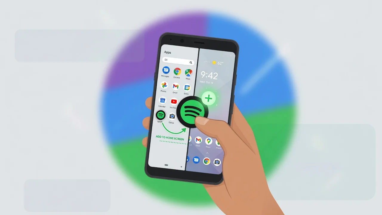 Illustration showing how to add app to Android home screen by dragging icon from app drawer to home screen with glowing plus symbol