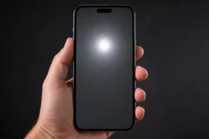 Close-up of a smartphone screen showing a bright white glowing spot on a dark grey display background