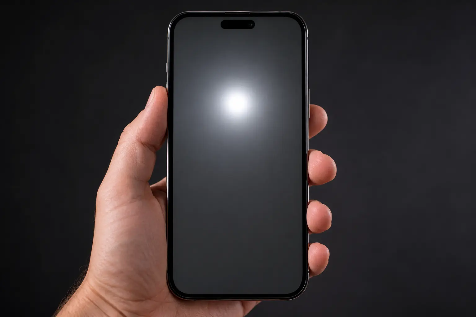 Close-up of a smartphone screen showing a bright white glowing spot on a dark grey display background