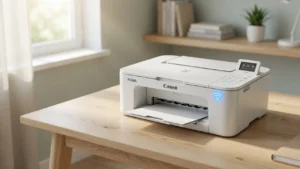 Canon PIXMA inkjet printer on desk with WiFi indicator light showing wireless network connection