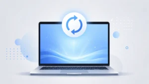 Illustration of a Lenovo laptop showing a factory reset symbol with blue screen glow indicating a fresh Windows reinstall