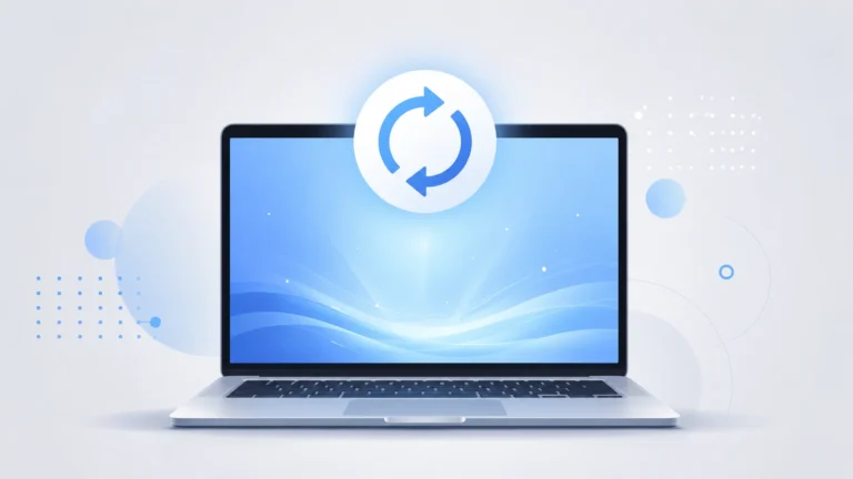 Illustration of a Lenovo laptop showing a factory reset symbol with blue screen glow indicating a fresh Windows reinstall
