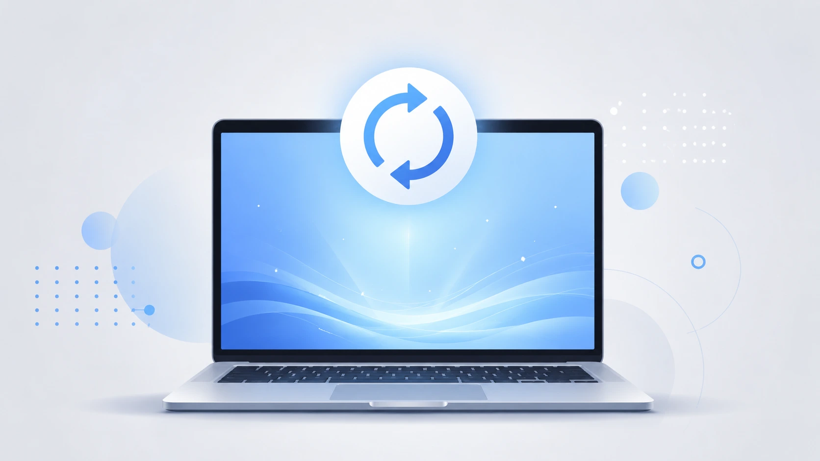 Illustration of a Lenovo laptop showing a factory reset symbol with blue screen glow indicating a fresh Windows reinstall