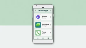 Android smartphone showing the Default Apps settings menu with browser, messaging, and phone app categories
