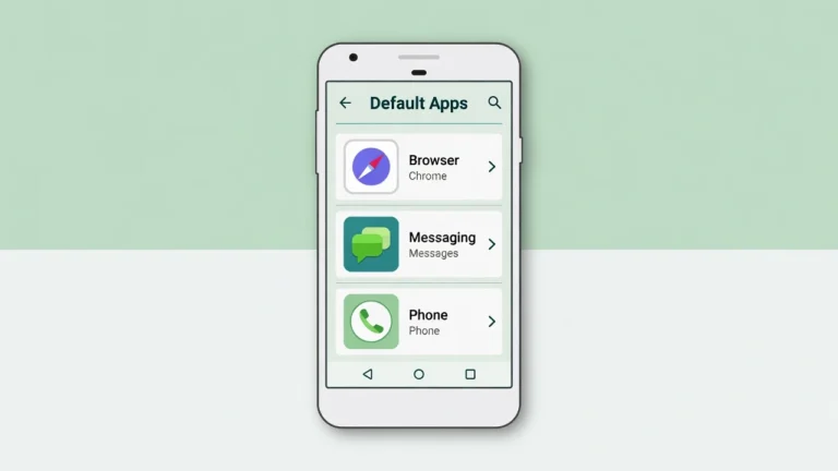 Android smartphone showing the Default Apps settings menu with browser, messaging, and phone app categories