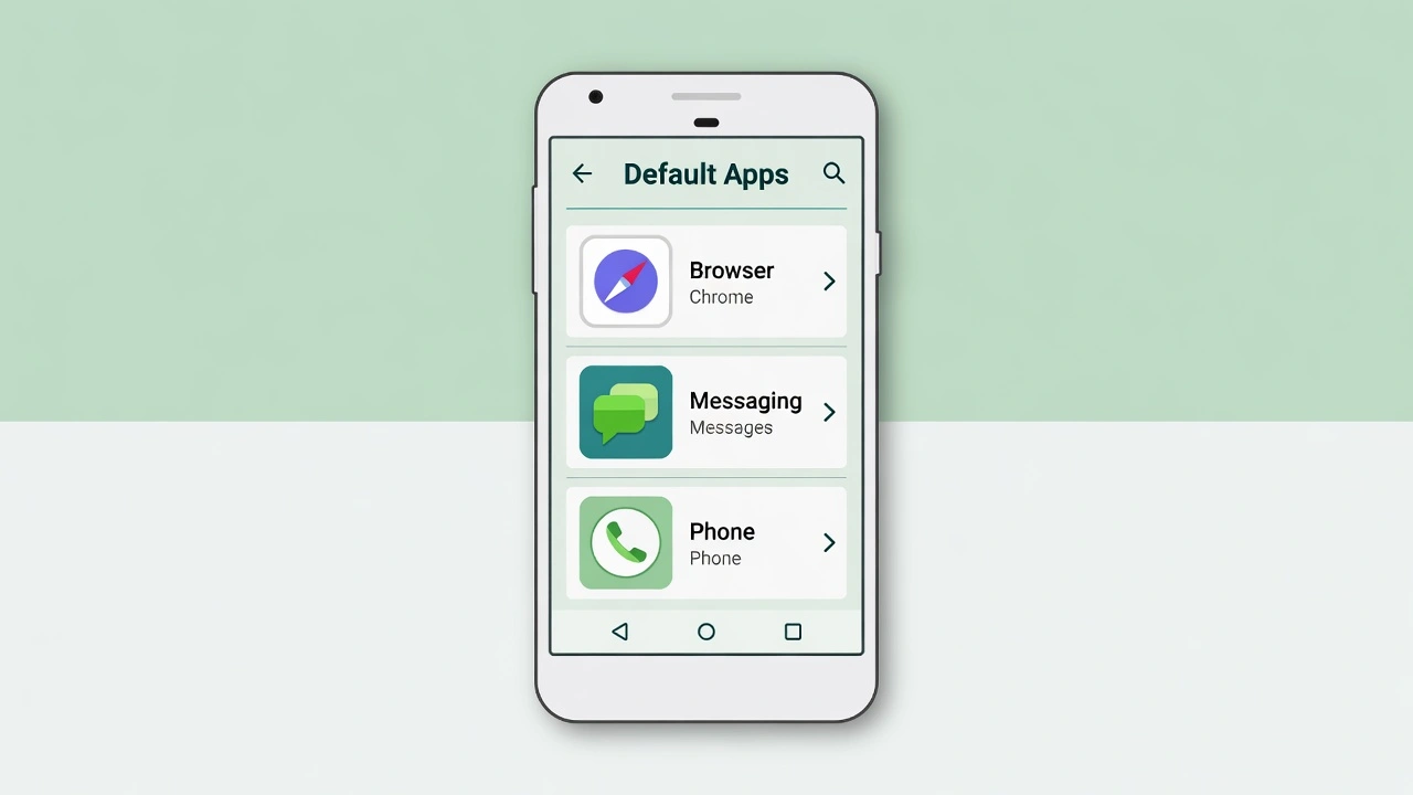 Android smartphone showing the Default Apps settings menu with browser, messaging, and phone app categories