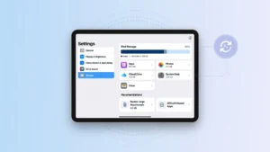 Illustration of iPad showing Settings storage screen for clearing cache on iPad