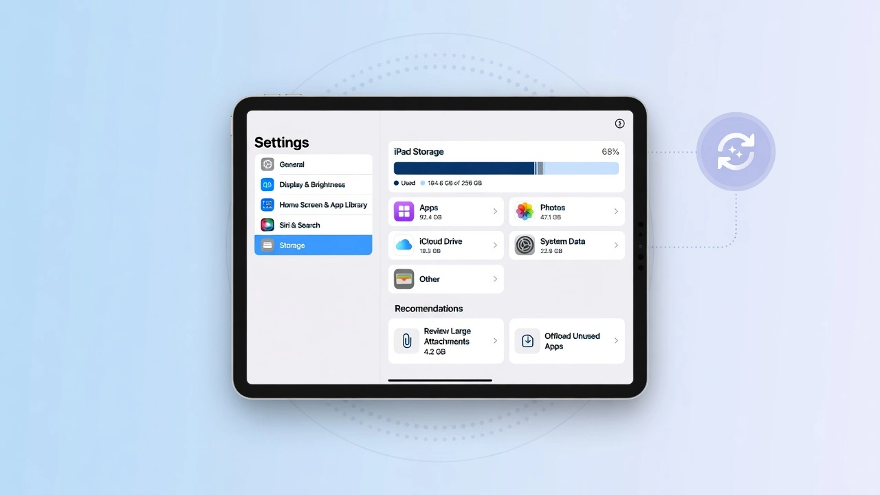 Illustration of iPad showing Settings storage screen for clearing cache on iPad