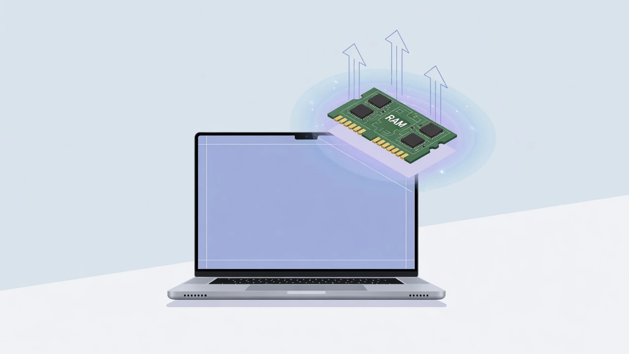 Illustration of a MacBook with RAM memory chip graphic showing how to clear RAM on Mac