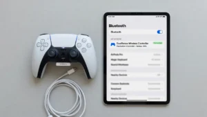 PS5 DualSense wireless controller placed next to an iPad showing Bluetooth connected screen