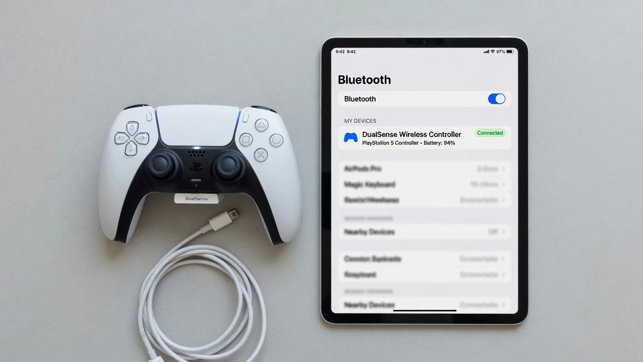 PS5 DualSense wireless controller placed next to an iPad showing Bluetooth connected screen