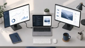 Laptop connected to two external monitors showing a dual monitor desk setup with three active screens displaying different content