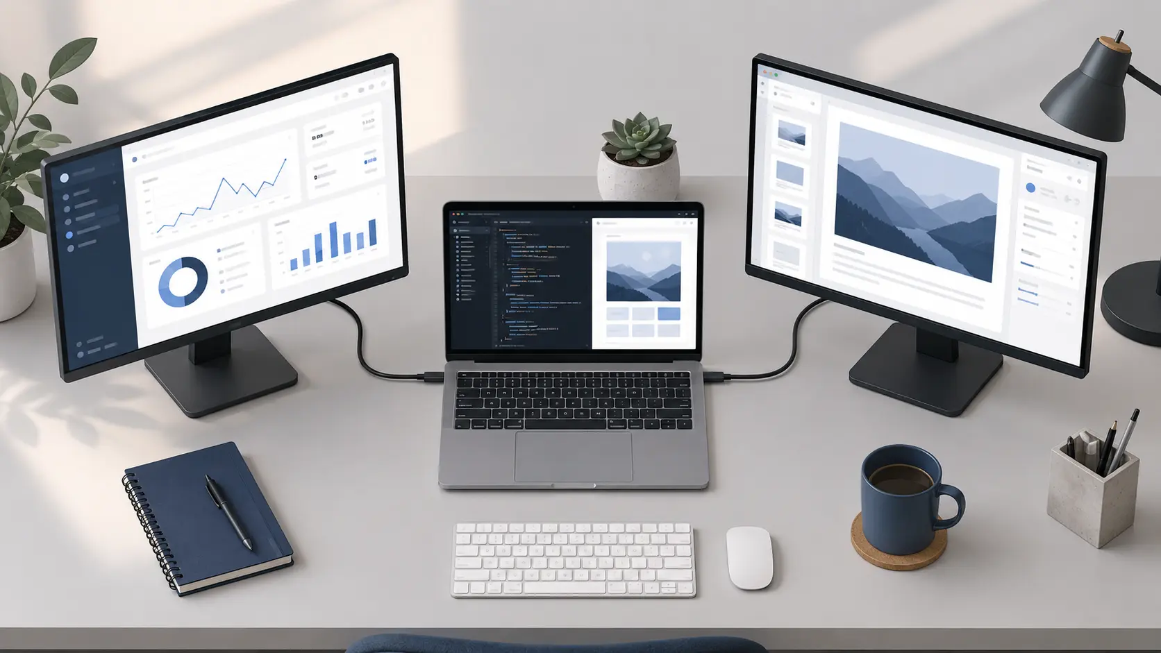 Laptop connected to two external monitors showing a dual monitor desk setup with three active screens displaying different content