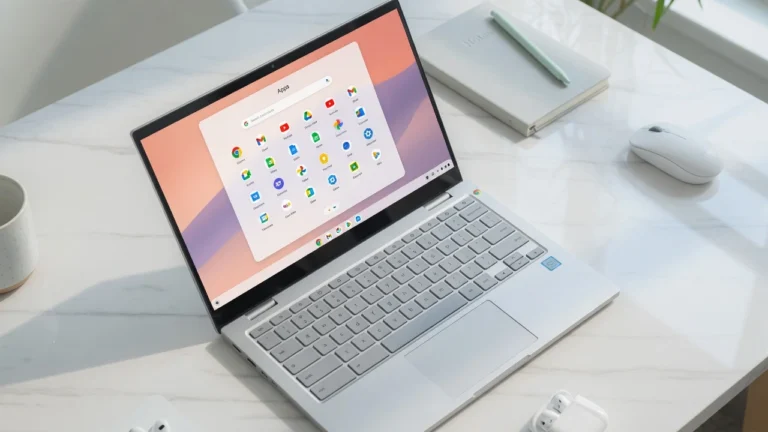 Chromebook laptop with Chrome OS app launcher open showing app icons ready for deletion